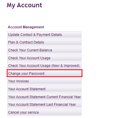 TPG My Account - Account Management menu