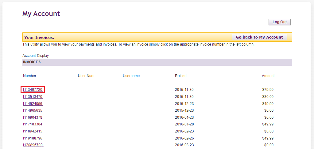 My Account Invoice list
