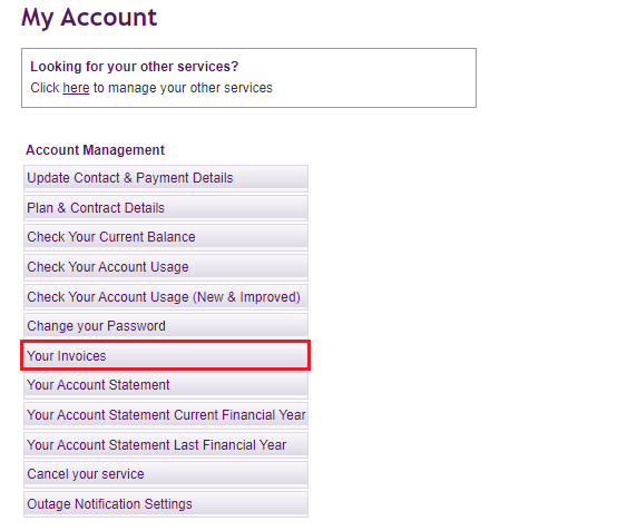 TPG My Account - Account Management menu