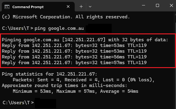 Successful ping results