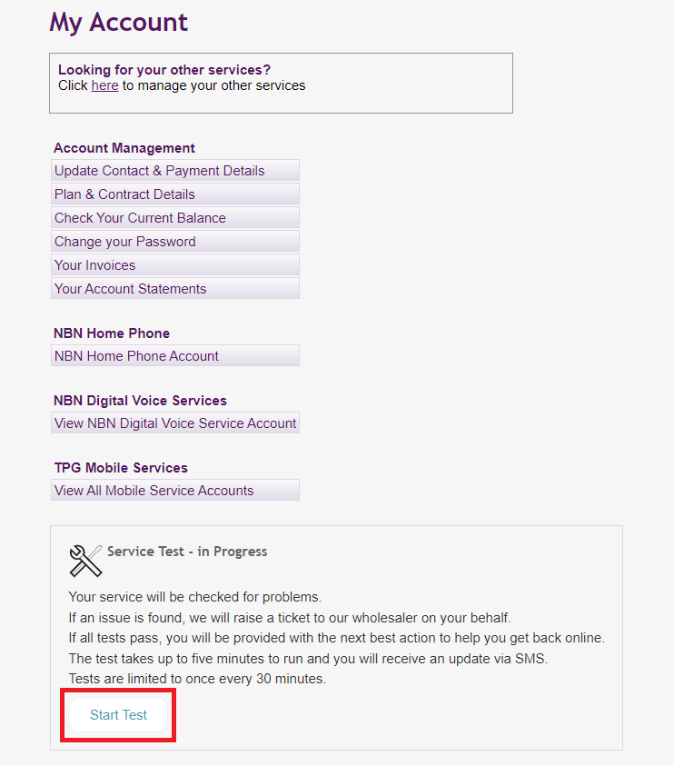 My Account nbn service test