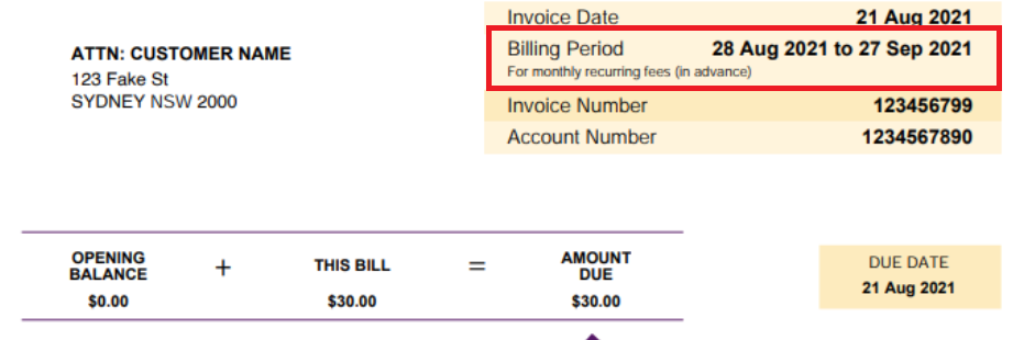 TPG invoice example - Billing period for monthly recurring fees (in advance) 28 Aug 2021 to 27 Sep 2021
