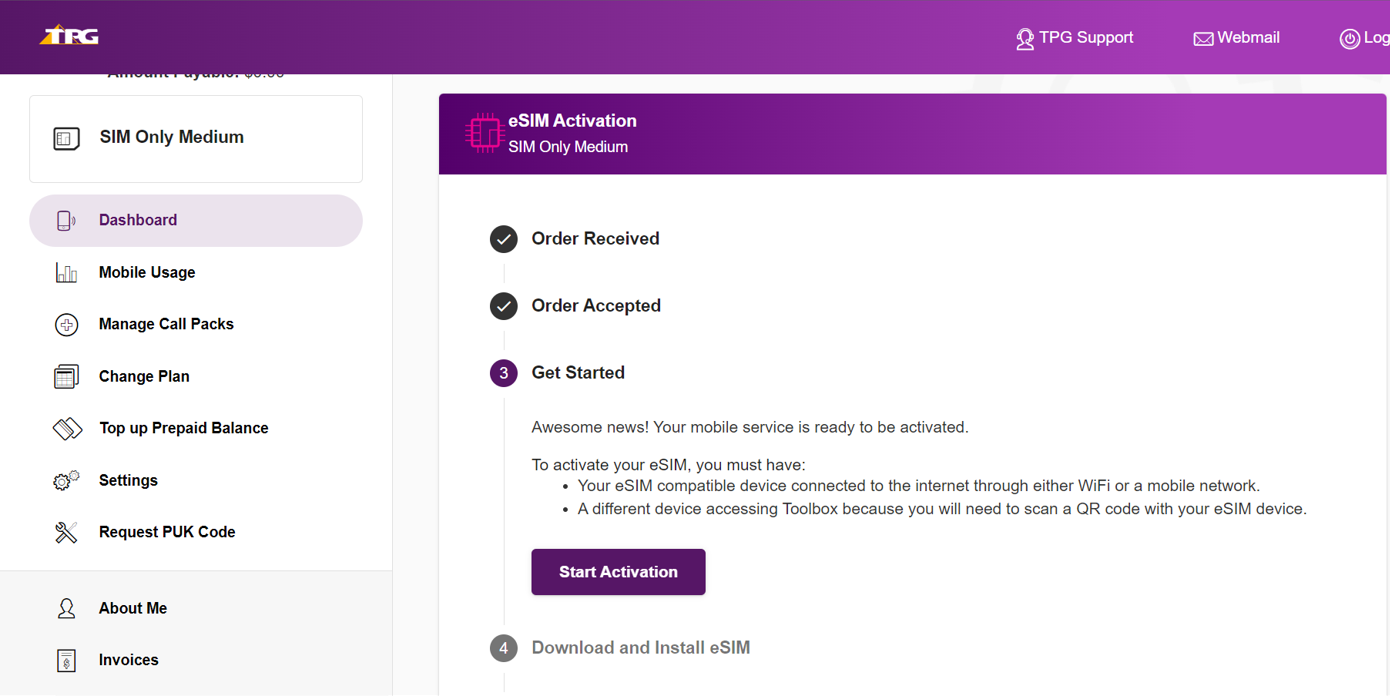 TPG My Account - Activate eSIM