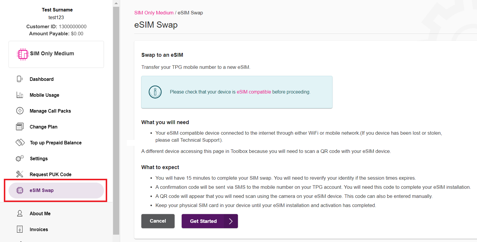 TPG My Account - eSIM Swap