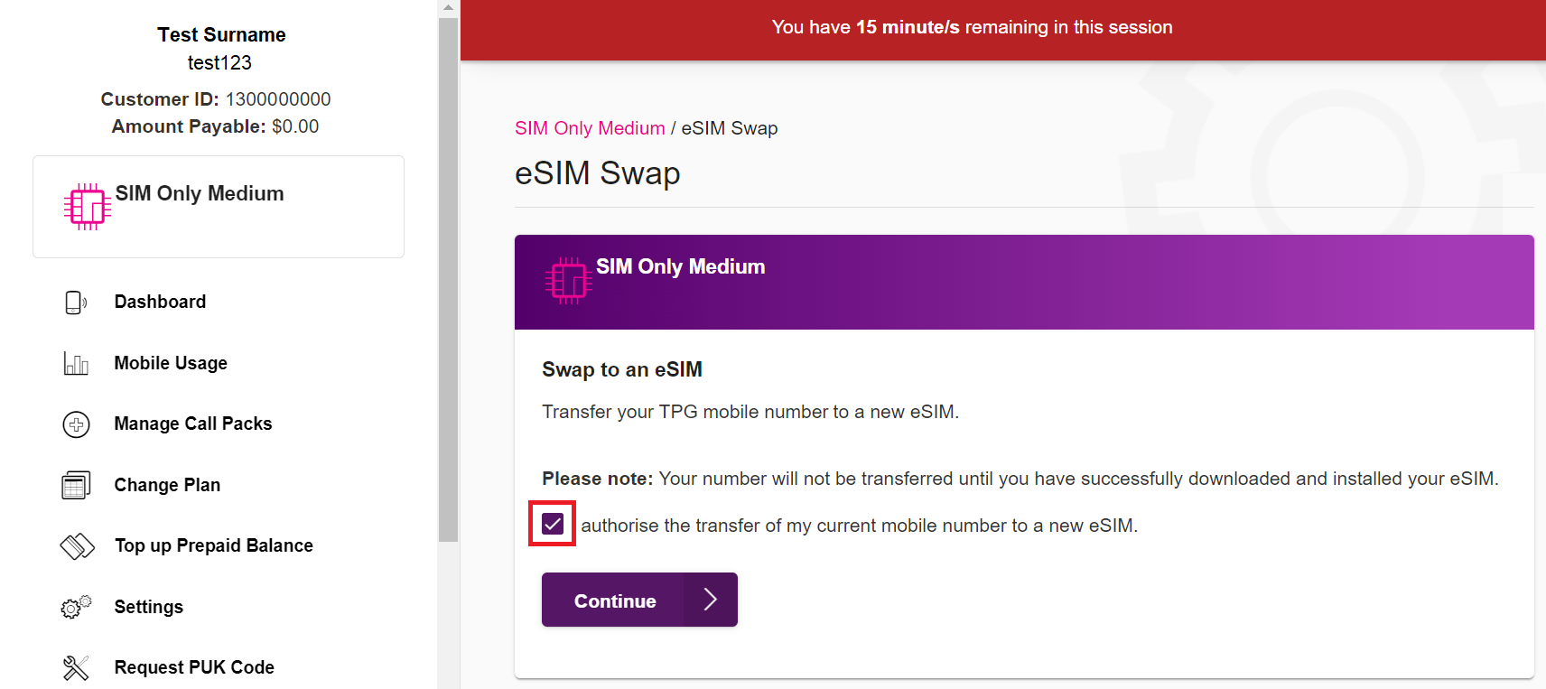 TPG My Account - eSIM Swap confirmation