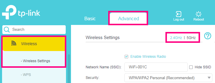 VR1600v Advanced Wireless settings