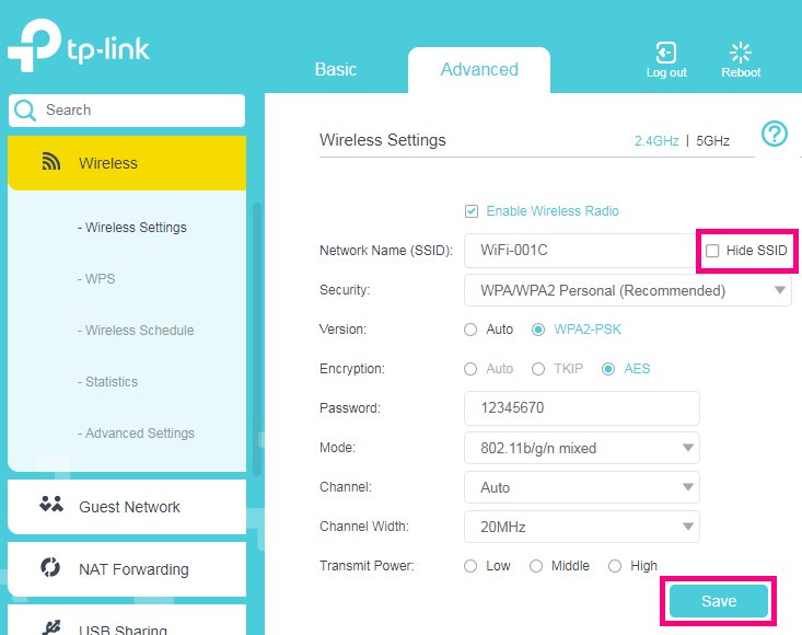 VR1600v Advanced Wireless settings